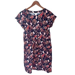 Liz Claiborne Coral Print Short Sleeve Belted Mini Dress Navy Pink Size Medium